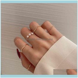 Cluster Jewelry1/3/5Pcs Fashion Imitation Pearl Rings For Women Gold Colour Round Wave Geometric Open Finger Set Wedding Party Jewellery Drop D