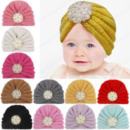 Baby Girls Rhinestone Pearl Hats Infant Knitted Cotton Caps Soft Warm Beanie Bonnet Child Hair Accessories Birthday Gift
