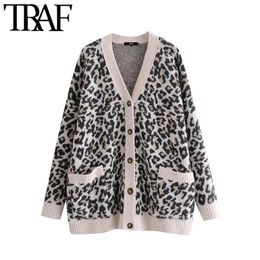 TRAF Women Fashion Jacquard Oversized Knitted Cardigan Sweater Vintage Long Sleeve Pockets Female Outerwear Chic Tops 210415