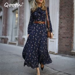 Qooth Office Dress Floral Printed High Waist Summer Maxi Dress Bow-knot Neck Women Full Sleeve Chiffon Dresses With Belt QT003 210518