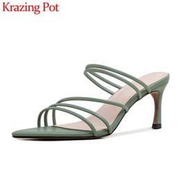 Krazing Pot Arrival Big Size Natural Leather Peep Toe High Heels Slip On Women Mules Limited Customization Shoes L10 Sandals