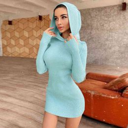 Y2K 2022 Spring Autumn Fashion Black Long Sleeves Hoody Mini Womens Knitting Dresses Base Party bodycon Outfits Clothes Y220304