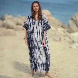 Bohemian Printed Summer Women Beachwear Kaftan Cover-ups Beach Dress Cotton Tunic Swim Wear Cover Up Robe de plage #Q969 210420