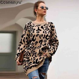 Autumn winter clothing ladies long sweater fashion womens loose pullovers and sweaters leopard print knitted sweater 210918