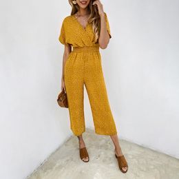 Frauen Overall-spielanzug Sommer Casual Print V-ausschnitt Tasche Overalls Overall Kurzarm Breite Bein Lose Overall 210419