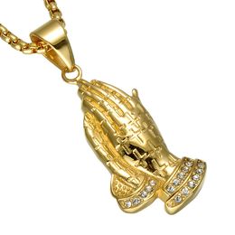 Stainless Steel Religious Men's Women's The Praying Hands Necklace Gold Punk Power Of Prayer Palm Pendants Jewelry