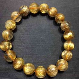 Genuine Natural Gold Rutilated Quartz Bracelet Woman Men Titanium 10mm Clear Round Beads Jewellery From Brazil AAAAAAA