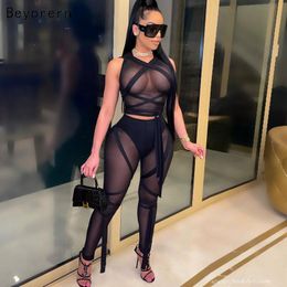 Women's Two Piece Pants Beyprern Chic See Through Caged Mesh Set Two-Piece Outfits Womens Sheer Fringed Crop Top And Legging Clubwear