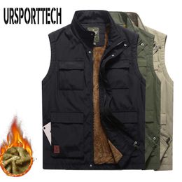 Thicken Fleece Waterproof Mens Winter Vest Multi Pockets Spring Autumn Waistcoat Pographer Mandarin Collar Sleeveless Jacket 210528