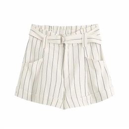 women summer casual striped shorts with belt fashion high waist loose short pants chic female streetwear femme 210421