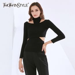 Black Sweater For Women Slash Neck Halter Hollow Out Long Sleeve Oversized Knitting Pullovers Female Clothing 210524