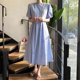 Casual O-neck Short Sleeve Women Dress Summer Cotton and Linen Female Mid-length Side Split Vestidos 210603