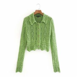Women Casual Summer Green Sweater Chic Lady Fashion Long Sleeve Single Breasted Knitted Cardigans Hollow Out Sweaters 210421