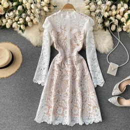 Summer Elegant Women Lace Party Long Sleeve Vintage Ruffle Ladies White Pink Night Dress 210415