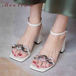 Meotina Genuine Leather Women Sandals Metal Decoration Ladies Footwear Square Toe Buckle High Heel Sandals Summer Apricot 210520