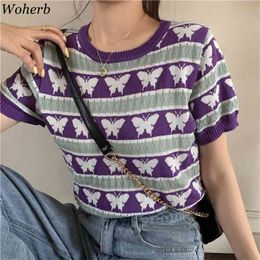 Summer Knitted Crop Tops Sweater Women Short Sleeve Butterfly O-neck Pullover Vintage Korean Fashion Knitwear Femme 210519