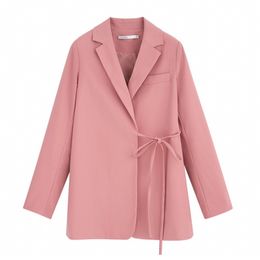 Pink Navy Blue Solid Notch Collar Lace-up Bow Blazer Long Sleeve Loose Casual Thin Section Suit Coat C0143 210514