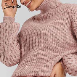 Solid Color Turtleneck Women's Lantern Sleeve Autumn Winter Pullover Casual Loose Knitted Sweater 210414