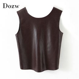 Fashion PU Faux Leather Top Women Sexy Hollow Out Summer Brown Tank Top Streetwear Ladies O Neck Sleevelees Short Tops 210414