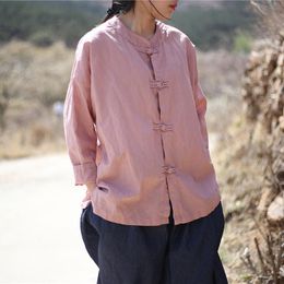 chinese style shirts women UK - Women's Blouses & Shirts Chinese Style Women Stand 2021 Summer Nine Sleeve Vintage Plus Size Clothes 5 Color Top Button Shirt