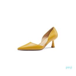 Dress Shoes 2021 Spring And Autumn Yellow Pointed Toe Women's French Retro Hollow Pump Stiletto Single Female High Heels