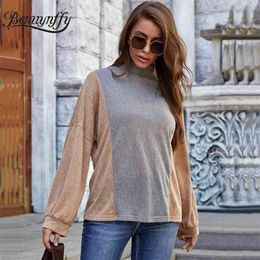 Fashion Patchwork Turtleneck Woman Tshirts Autumn Winter Long Sleeve Drop Shoulder Top Women Casual T-Shirt 210510