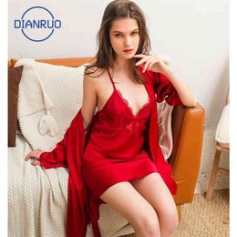DIANRUO Summer Sleepwear Women Suit Suspender Nightgown Two Piece Set with Breast Pad Silk Sexy Lace Back Pyjamas Q471 210330