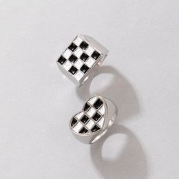 2pcs/sets INS Fashion Black White Grid Joint Ring Sets for Women Men Heart Square Alloy Metal Party Jewelry