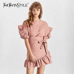 Casual Ruffles Women Dress O Neck Short Sleeve High Waist Lace Up Asymmetrical Mini Dresses Female Fashion Summer 210520