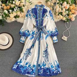 Spring Autumn Women's Dress Ethnic Style Print Stand-up Collar Lantern Sleeve Retro Lace-up Female es LL090 210506
