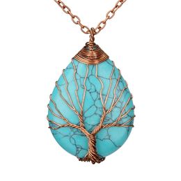Handmade Antique Copper Wire Wrapped Tree of Life Pendant Necklace Natural Crystals Healing Stone Turquoise Necklaces for Gift