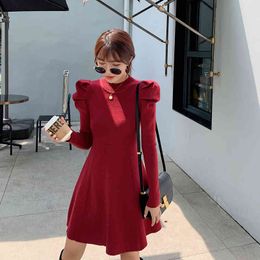 JXMYY autumn and winter fashion new Korean women's solid Colour long-sleeved slim puff sleeve knitted dress 210412
