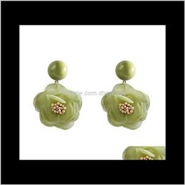 Dangle & Chandelier Delivery 2021 Chiffon Fabric Korean Earrings Simple Green Flower Big Long Drop Earring For Women Party Jewelry Apzti