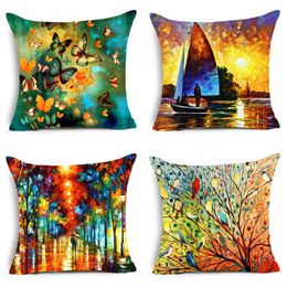 Oil Painting Cushion Cover Scenic Print Pillow Case Plant Polyester Throw Decoration For Home Office Bedroom Cushion/Decorative