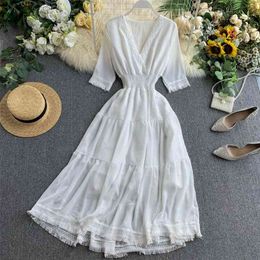 Red White Hollow Out Patchwork Dress Elegant V Neck Retro Women Midi Summer Vintage A Line Beach Vestido 210430