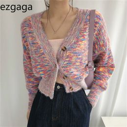 Ezgaga Women Knitted Cardigan Autumn Korean Chic Sweet Girls V-Neck Single Breasted Vintage Long Sleeve Sweater Colorful Fashion 210430