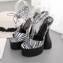 Sandals OEING Womens Peep Toe Zebra Pattern Super 16CM High Heel Shoes Cross Straps Gladiator Black Plus Size 2022