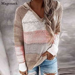 Autumn Winter V Neck Patchwork Hooded Sweater Women Casual Long Sleeve Knitted Top Striped Pullover Jumpers 11663 210512