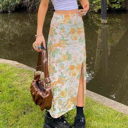 Summer Skirt Y2K Vintage Floral Print Slit Hem Maxi Skirts 90S Streetwear High Waist Straight Long Skirt Pattern Fairy Core 2021 G220309