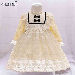 Infant Baby Girls Lace Embroidery 1st Birthday Dresses Christening Gowns Baptism Clothes Long Sleeve Princess 210508