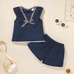 Summer Children Sets Casual Sleeveless Leopard V Neck Tops Dark Blue Shorts 2Pcs Girls Boys Clothes Set 0-2T 210629