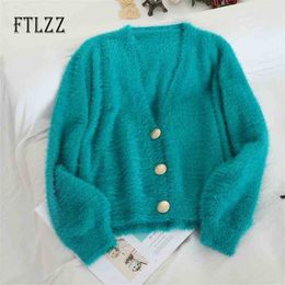Women V Neck Sweater Spring Autumn Single Breasted Short Cardigan Korean Ladies Fluffy Gold Button Knitted Sweaters Femme 210525
