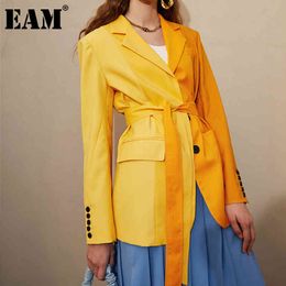 [EAM] Women Yellow Pocket Sashes Spliced Blazer Lapel Long Sleeve Loose Fit Jacket Fashion Spring Autumn 1DD6178 21512