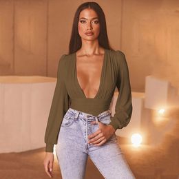 Sexy Deep V-neck Long Sleeve Bodysuit For Women Clubwear Autumn Fashion Basic Playsuit Street Casual Wear Jumpsuit Mujer 210518