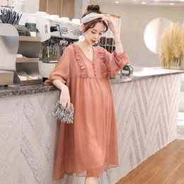 Maternity Women Night Dress Cotton Chiffon Pregnant Casual Clothes Lotus Leaf Collar Coat+Suspender Dresses 2 Piece Set 2020 New G220309