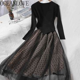 Robe Femme Dot Vintage A-line Autumn Winter Woman Dresses Knitted High Waist Mesh Patchwork Vestidos Elegant 19297 210415