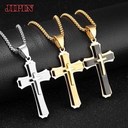 Pendant Necklaces Gothic Men & Pendants Male Cross Necklace Punk Stainless Steel Chain Fashion Jewelry White Black Golden B01247