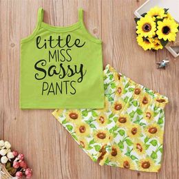 Summer Infant Rompers Clothes Strap Letter Tops Print Sunflower Shorts Cute Girls 2 pcs Sets Baby Costume 1-5T 210629