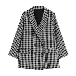 Women Plaid Pocket Button Long Sleeve Notch Collar Blazer Double-breasted Oversize Chic C0334 210514