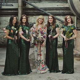Dark Green Floor Length Garden Bridesmaid Dress Full Sequins Cap Sleeves Spring Summer Maid of Honour Gown Wedding Guest Tailor Made Plus Size Available